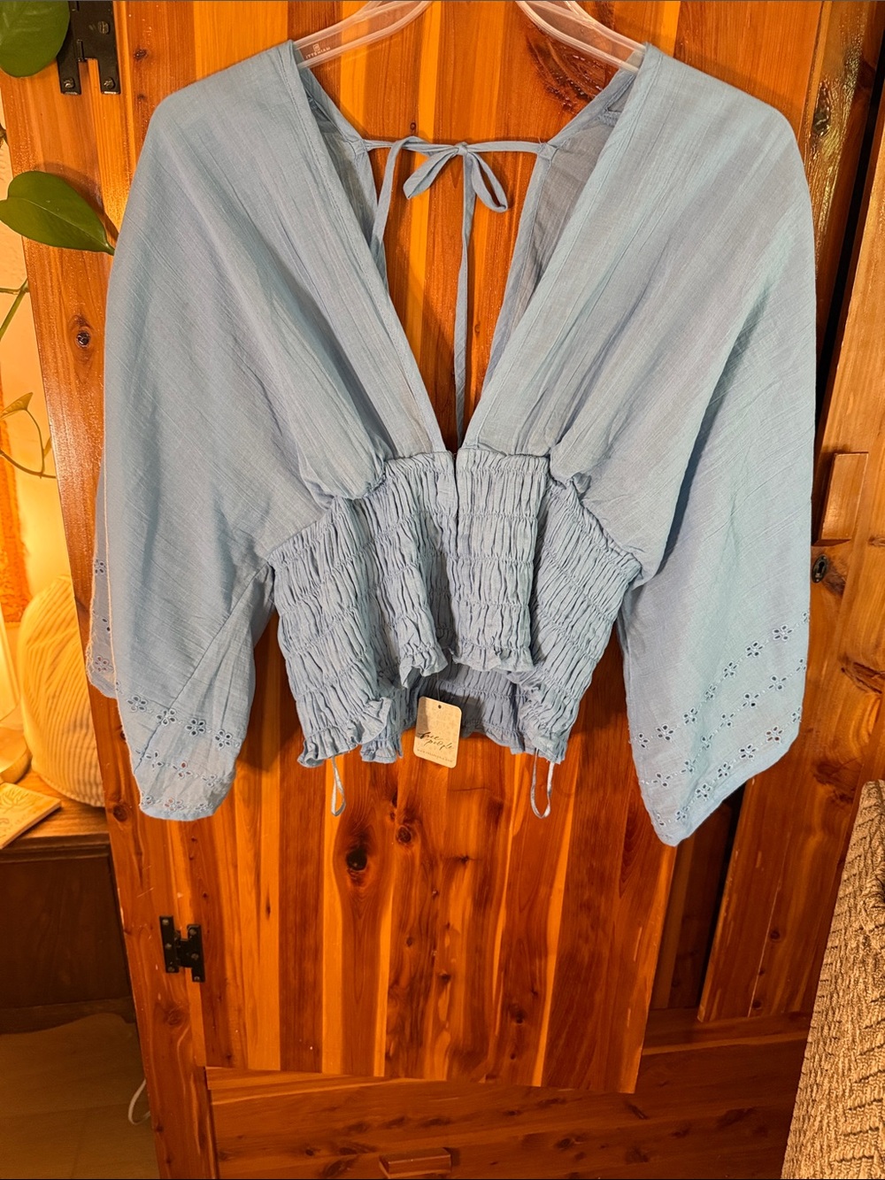 Free People Sky Blue Smocked Tie-Back Peasant Blouse